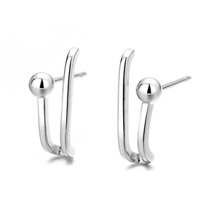 Minimalist silver paperclip earrings with spherical stud and geometric C-shaped curved design