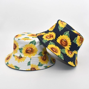Chapeau Bob Réversible Coton Imprimé Tournesol Protection Solaire Été Extérieur Mode Unisexe