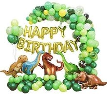 Dinosaur theme balloon arch kit with green balloons and dinosaur foil balloons