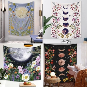 Bohemian moon phase and floral wall tapestries displayed in various home interior settings