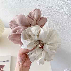 Pink and white mermaid organza scrunchies for ponytails, high elasticity fabric hair ties