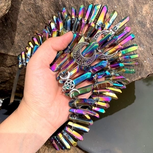 Rainbow Electroplated Natural Crystal Crown Headband With Moon Star Pendants Bohemian Handmade Hair Accessory Women