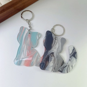 Cat shape acrylic keychains with blue pink and grey marble patterns for handbag accessories
