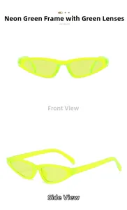 Detail view of neon green cat-eye sunglasses with studded temples and bold frame design
