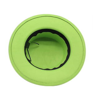 Detail view of the neon green wool fedora hat interior with sweatband and fabric label