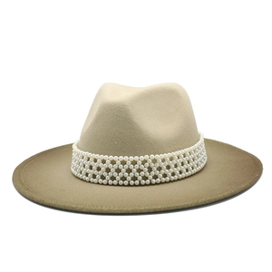 Khaki wool fedora hat with elegant pearl band decoration for men and women