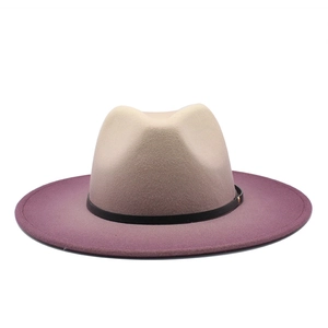Beige to purple gradient wide brim fedora wool hat with black leather band and metal buckle
