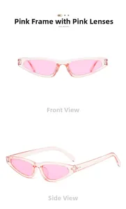 Detail view of pink cat eye sunglasses with metal hinges and transparent resin frame