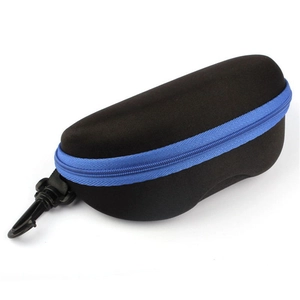 Close-up of black EVA sunglasses case with vibrant blue zipper and portable swivel hook