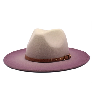 Two-tone gradient beige to burgundy wool wide brim fedora hat with studded leather band