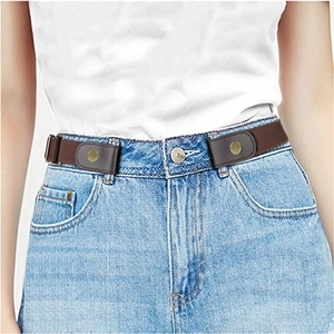 Slim stretch invisible buckle-free belt in dark brown on denim shorts with snaps