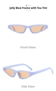 Front and side view of jelly blue cat eye sunglasses with amber lenses and studded temples