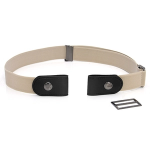 Detail view of beige buckle-free elastic belt with black leather tabs and silver hardware