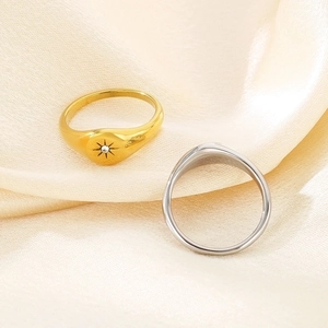 Minimalist 18k gold and silver titanium steel rings with starburst engraving and zircon