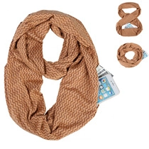 Brown knit infinity scarf with hidden zipper pocket for smartphone and warm hand feature