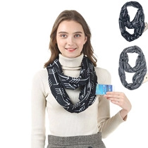 Detail showing functional pocket on cashmere-like scarf for holding phone and cards