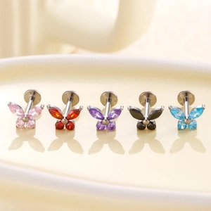 Titanium butterfly labret studs with colorful zirconia stones for cartilage piercings