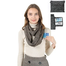 Brown knit neck gaiter with integrated storage pocket for smartphone and cards