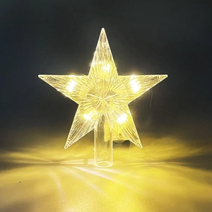 Close-up of a lit transparent plastic Christmas star topper with warm LED lights inside