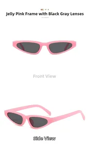 Close-up of jelly pink cat eye sunglasses with metal studded temples and dark lenses