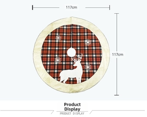 Detail view of 117cm red plaid Christmas tree skirt with white reindeer and snowflake motifs