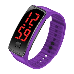 Digital LED wristwatch with purple silicone strap and black rectangular display screen