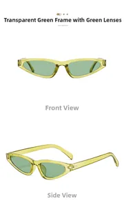 Front and side view of trendy transparent green cat eye sunglasses with studded temples