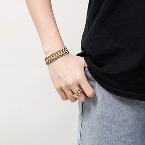 Two-tone gold and silver watch-link style bracelet and ring set in stainless steel