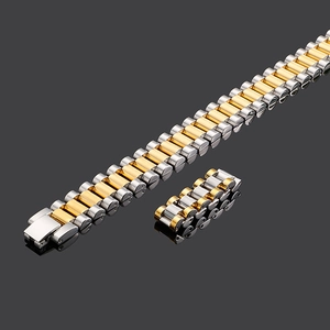 Detail of silver and gold stainless steel watch strap showing brushed and polished finish