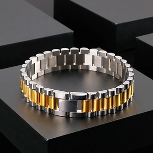 Macro view of gold and silver two-tone stainless steel watch-style link bracelet