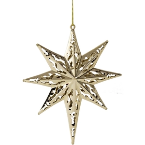 Golden hollow snowflake star ornament with metal finish and hanging cord for tree decoration