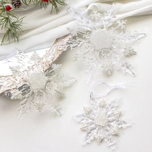 Three-piece acrylic glitter snowflake ornaments with white ribbons for Christmas tree decor