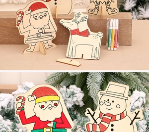 DIY Christmas wooden craft set featuring Santa and reindeer with coloring pens