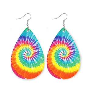 Vibrant teardrop leather earrings with rainbow tie-dye pattern and silver hooks
