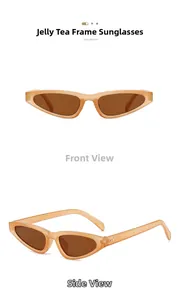 Detail view of jelly tea cat-eye sunglasses with studded temples and tinted lenses