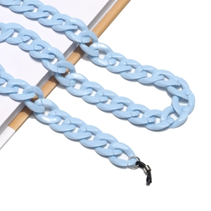 Detail of light blue acrylic chunky chain strap with non-slip silicone loops for glasses