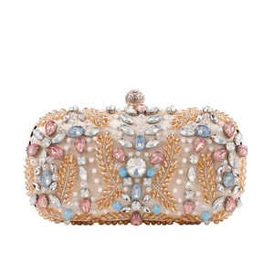 Elegant oval evening clutch bag with colorful crystal and rhinestone floral embroidery