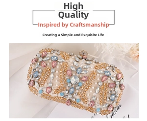 Detail of evening clutch bag featuring colorful leaf-patterned crystals and diamond clasp