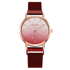 YOLAKO women's quartz watch with pink gradient floral dial and red Milanese magnetic strap