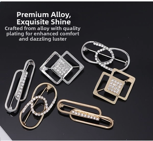 Detail view of 6-piece geometric rhinestone brooches in gold and silver plating