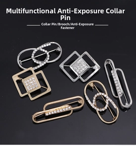 Detailed close-up of geometric diamond safety pin brooches in gold and silver finishes