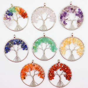 Set of 8 Tree of Life pendants with colorful natural crystal gravel in wire wrap design