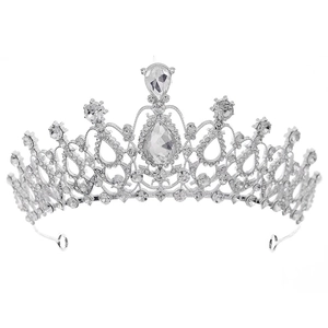 Detailed view of silver bridal crown featuring teardrop rhinestones and alloy base