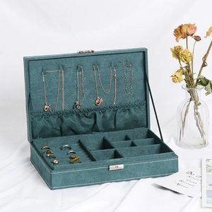 Internal layout of dark green velvet jewelry box with necklace hooks and ring slots