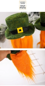 Close-up of St. Patrick's Day gnome wine bottle cover with green felt hat and orange beard