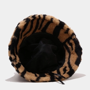 Furry tiger print bucket hat for women with plush texture and black fabric lining