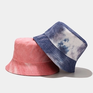 Double-sided tie-dye corduroy bucket hats for women in pink and blue tie-dye patterns