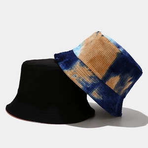 Dual style tie-dye corduroy and black cotton bucket hats for women outdoor sun protection