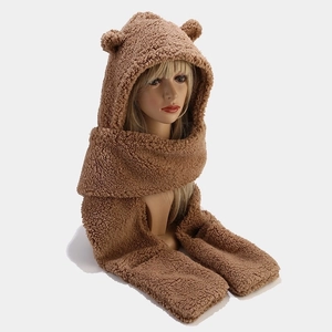 Brown plush hooded bear ear scarf set for winter warmth and casual outdoor styling