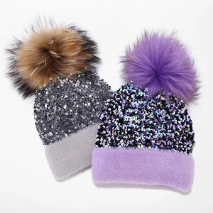 Women Winter Sequin Knit Beanie Hat With Large Fur Pom Pom Thick Warm Outdoor Fashion Beanie Cap For Lady Windproof